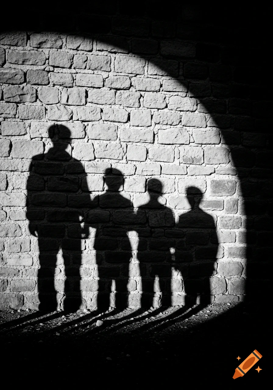 Dramatic black and white image of four sharply defined human shadows cast upon a textured brick wall, with one larger shadow leading three smaller ones.