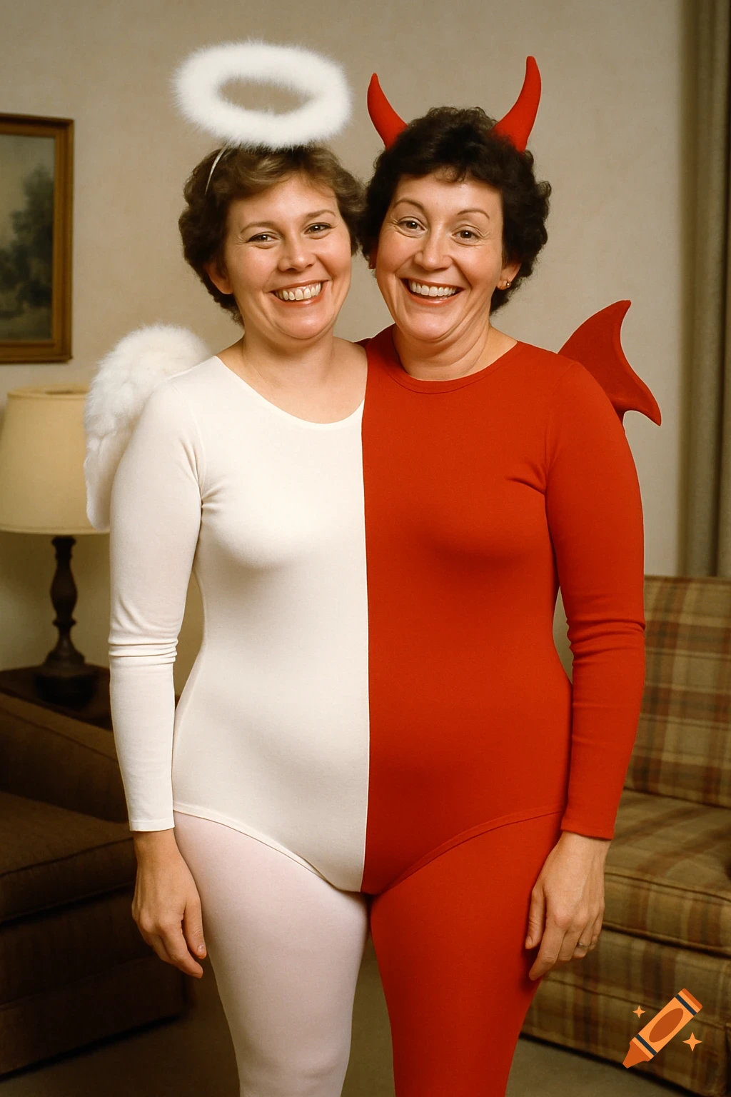 Two smiling women in a conjoined half-angel, half-devil costume with a white and red leotard and tights.