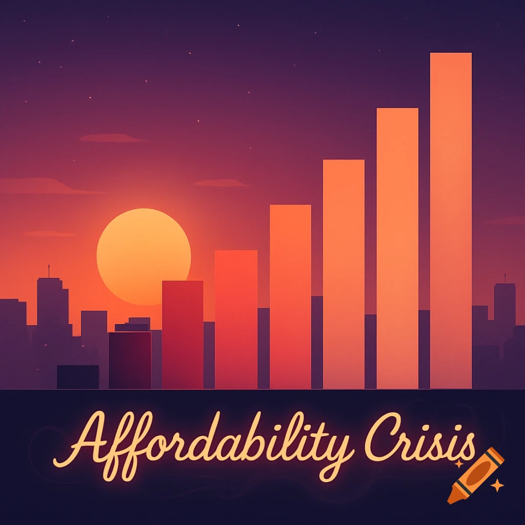 Stylized illustration of a rising bar graph over a city skyline at sunset, with 'Affordability Crisis' text.