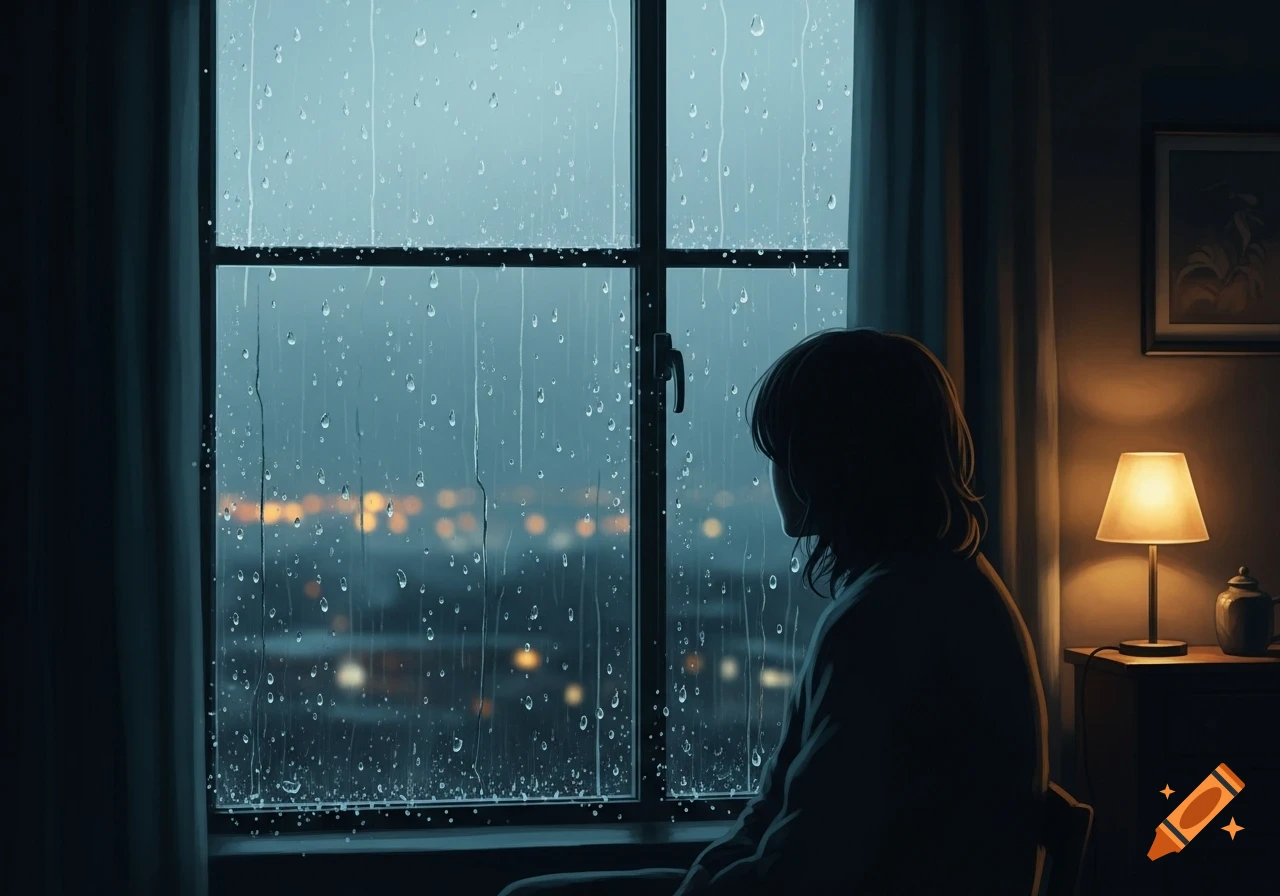 Silhouette of a person looking out a rainy window at a blurry city nightscape, with a glowing lamp indoors. Illustration.