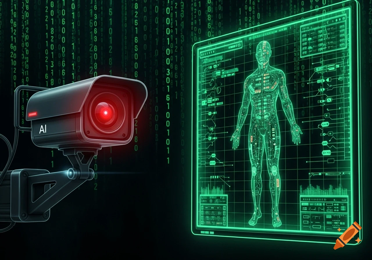 An AI surveillance camera with a glowing red lens next to a green holographic display of a human body with network connections, against a background of falling binary code.
