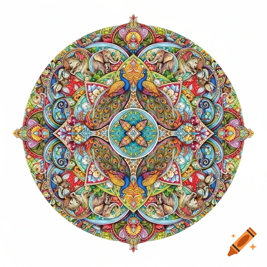 Colorful, intricate mandala art with peacocks, elephants, and other animals arranged symmetrically