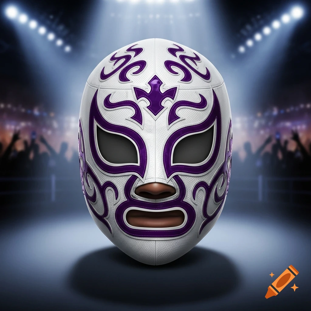 A detailed white and purple Lucha Libre wrestling mask with ornate patterns, set against a blurred background of a wrestling arena with spotlights and a silhouetted crowd.