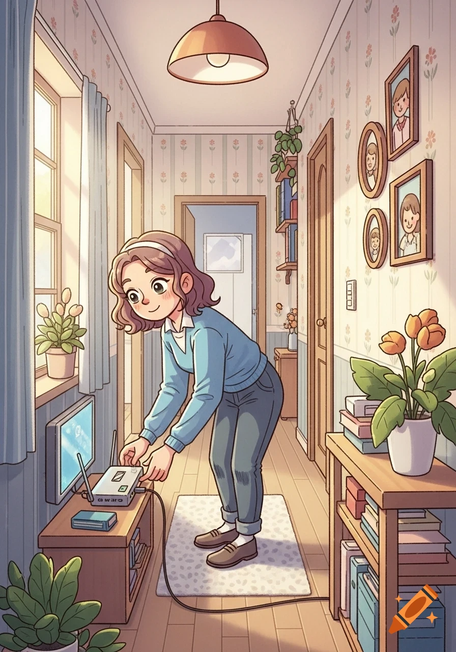 A smiling cartoon woman in a blue sweater connects a router on a wooden table in a sunlit hallway with floral wallpaper.