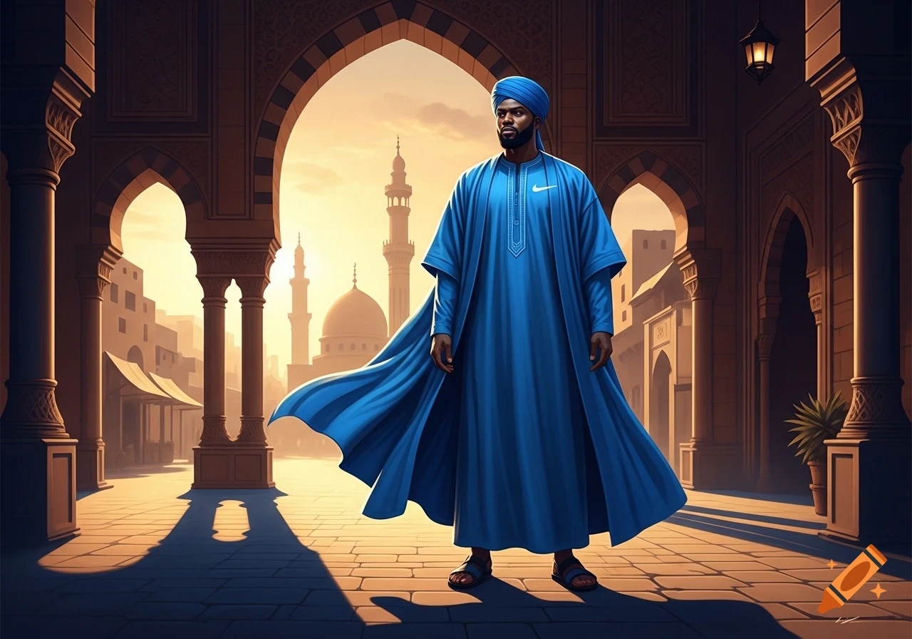 A man in a blue robe and turban, with a Nike logo, stands in a Middle Eastern architectural setting at sunset.