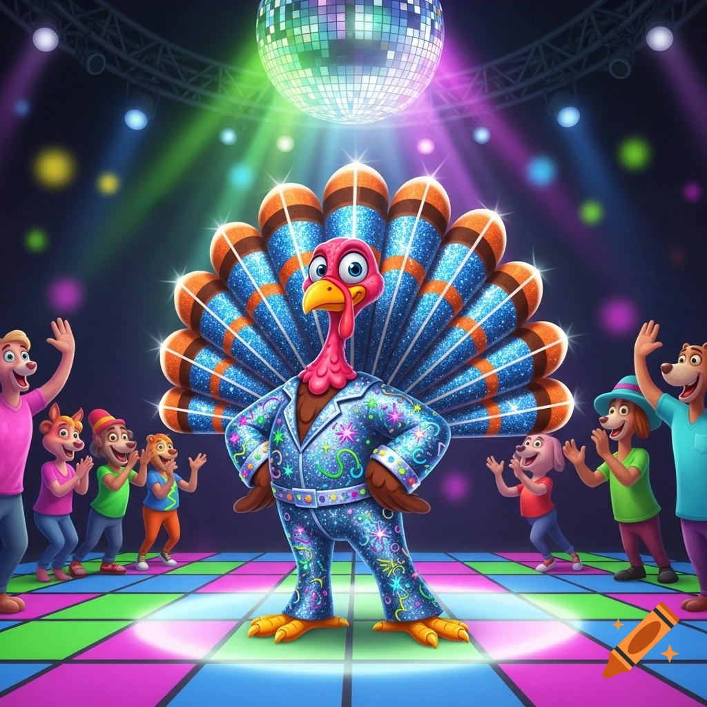 A cartoon turkey in a sparkly blue disco jumpsuit stands on a colorful light-up dance floor under a disco ball, surrounded by dancing cartoon animals.