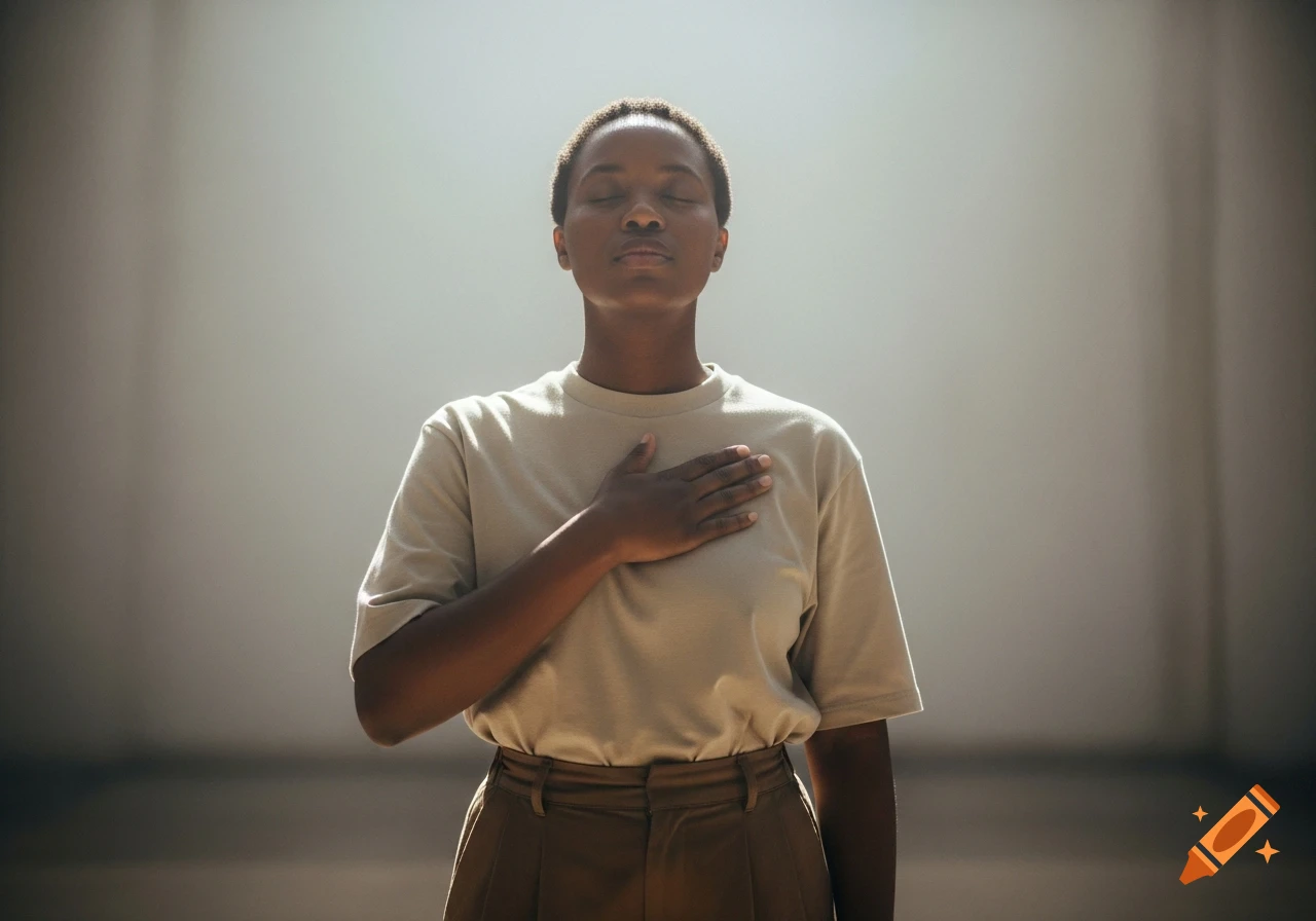 Photorealistic shot of a person with eyes closed, hand over heart, bathed in a subtle glow against a grey background.