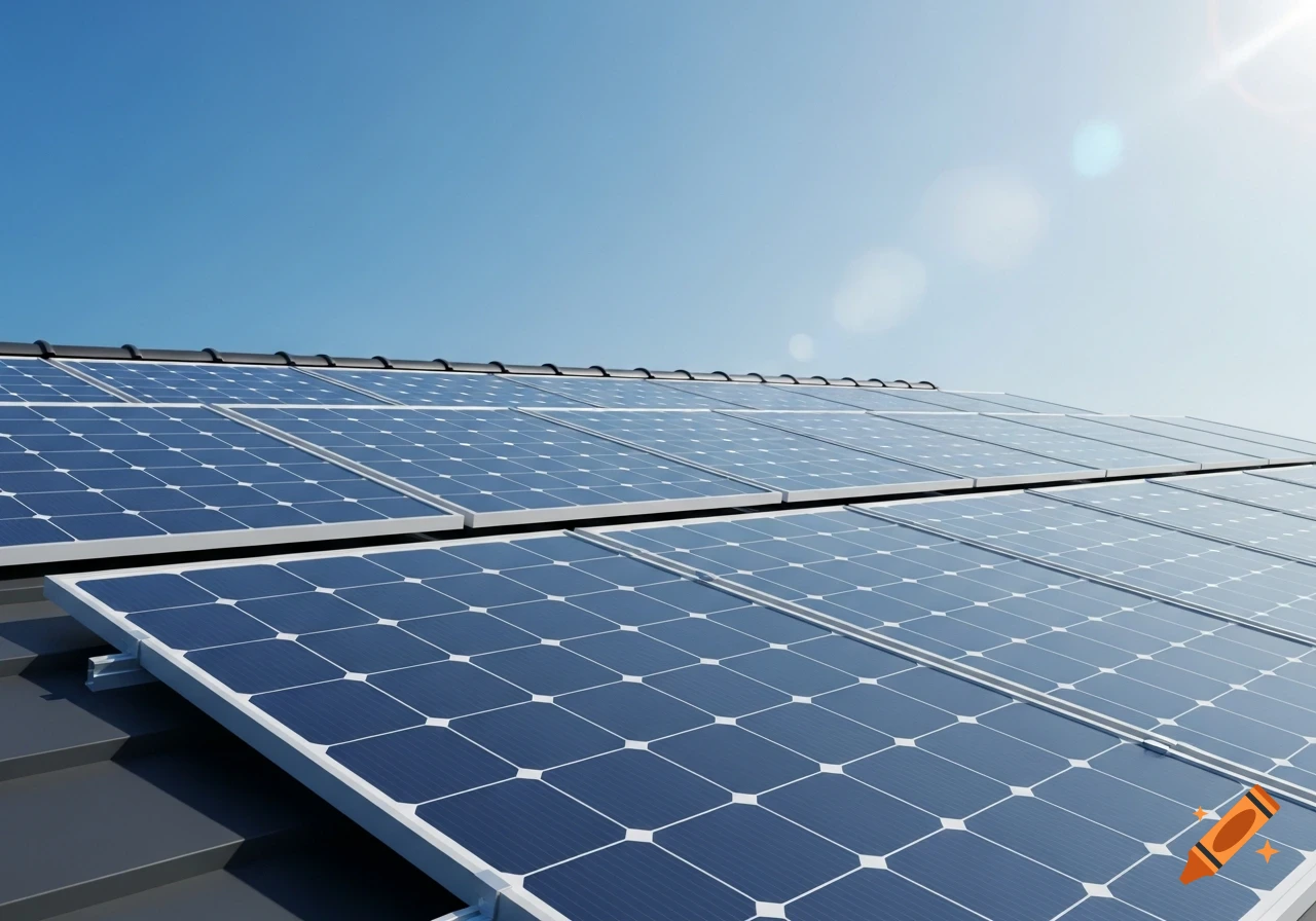Solar panels on a dark gray roof under a clear blue sky with a bright sun flare, photorealistic style.