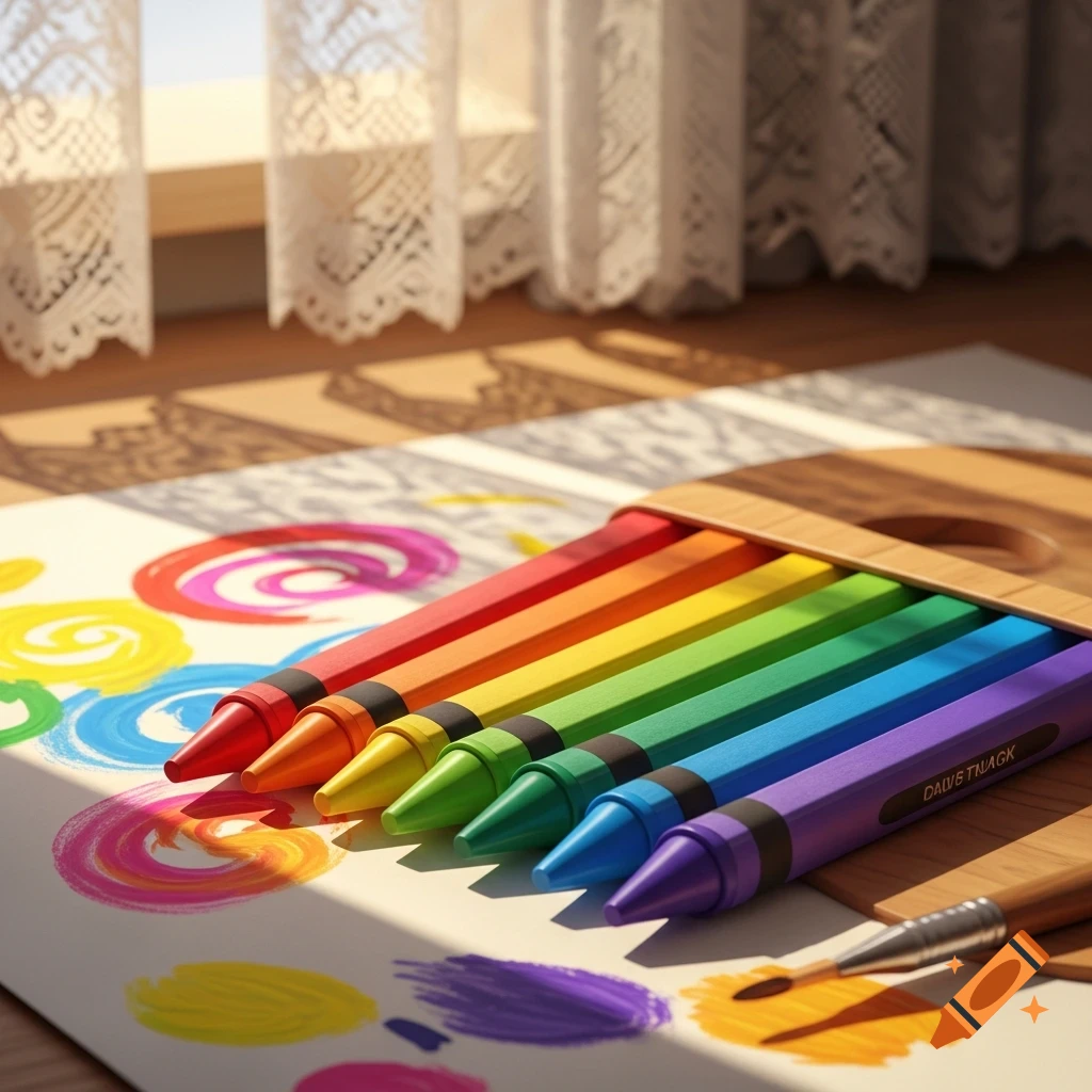Rainbow crayons in a wooden box rest on paper with colorful swirl drawings, bathed in sunlight from a window with lace curtains.