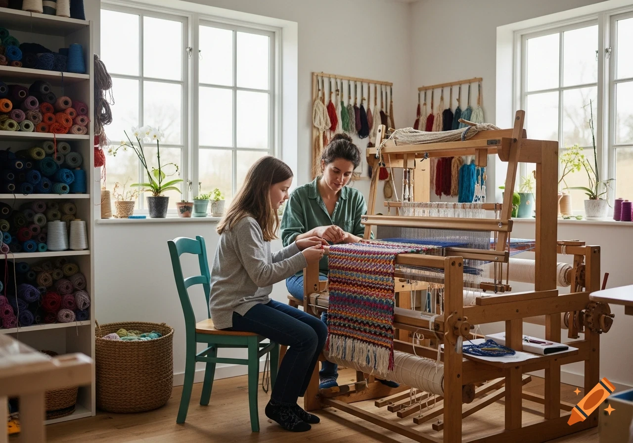 A woman and a girl weave on a large wooden loom in a bright, sunlit room, surrounded by colorful yarn shelves.