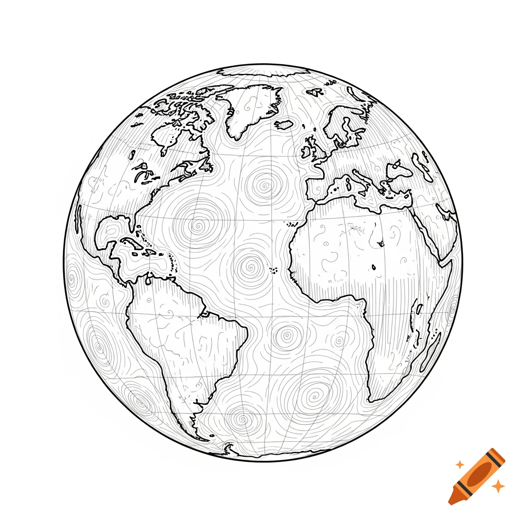 Black and white outline drawing of the Earth globe showing continents and ocean currents.