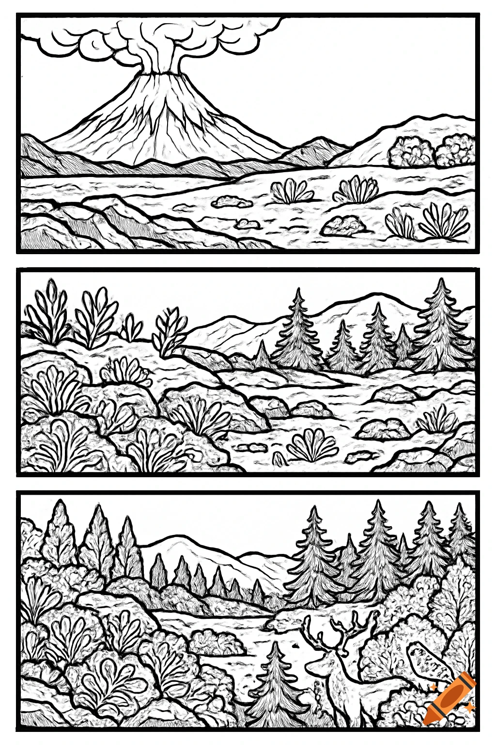 Black and white coloring page with three frames illustrating primary succession: a volcanic eruption, early plant growth, and a lush forest with a deer.