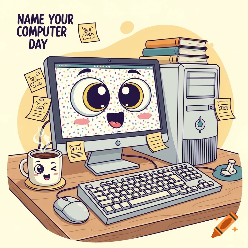A cute cartoon desktop computer with big eyes and a happy face sits on a desk next to a winking coffee mug and a keyboard, with "NAME YOUR COMPUTER DAY" written above.