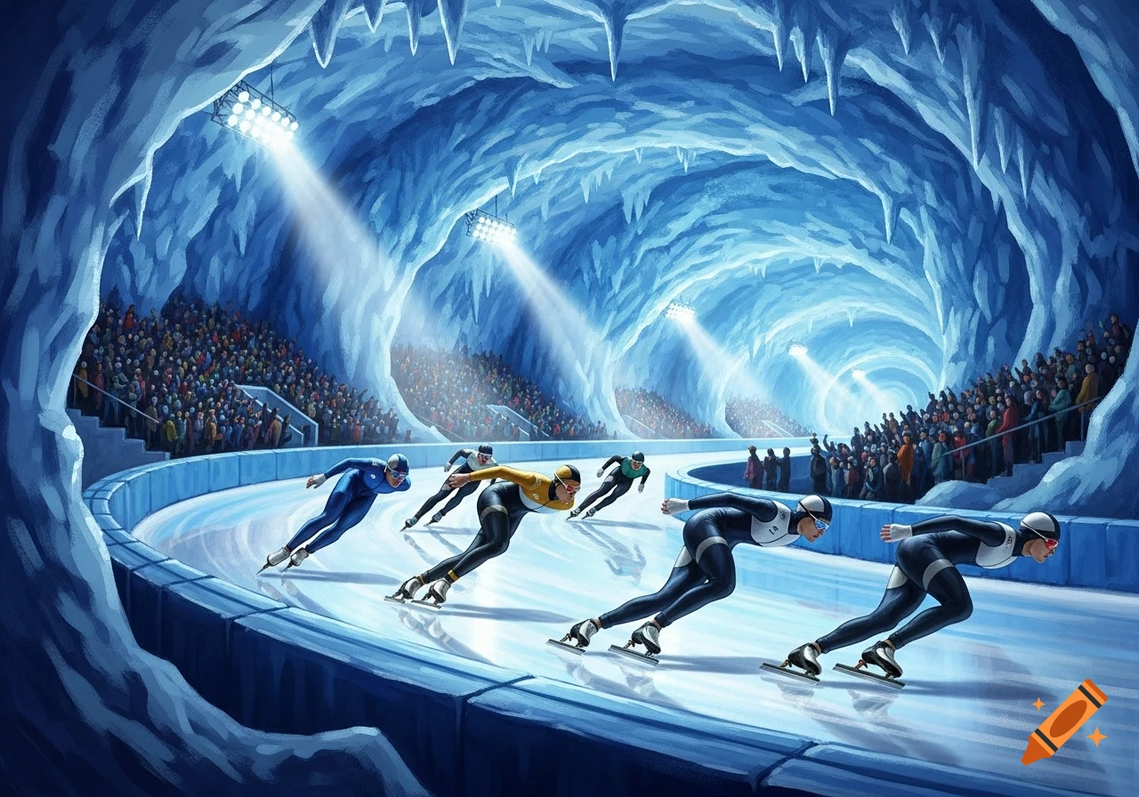 Speed skaters race around a curve on an ice track inside a luminous blue ice cave, with a large audience in the background.