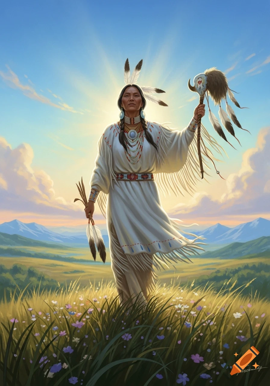 A woman in traditional Indigenous attire stands in a sunlit field, holding feathers and a ceremonial staff, against a backdrop of mountains.