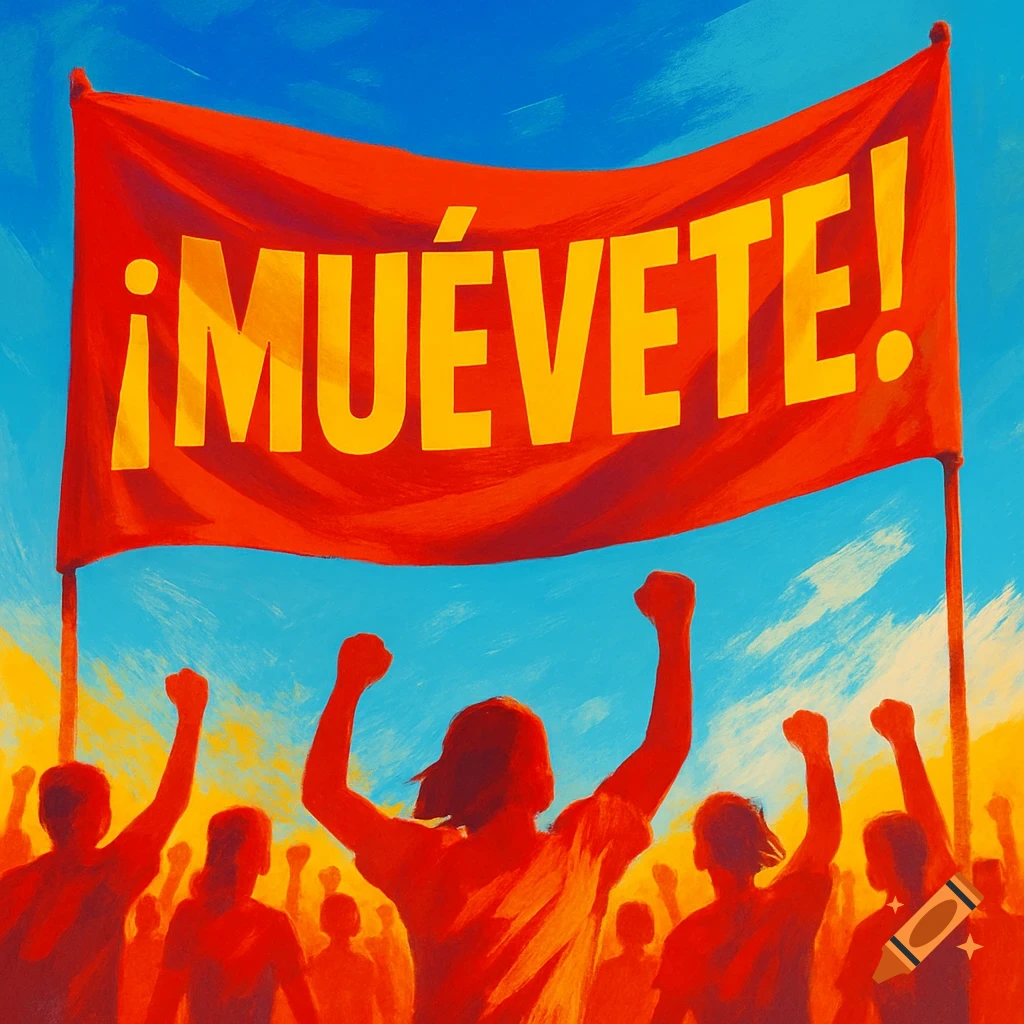 Illustration of a crowd with raised fists holding a red banner that reads "¡MUÉVETE!" against a vibrant sky.