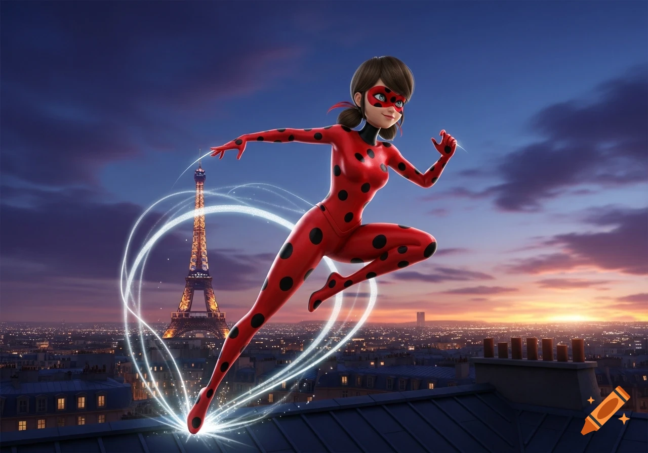 Animated Ladybug superhero in a red and black polka-dot suit, leaping over a Paris cityscape with the Eiffel Tower at sunset.