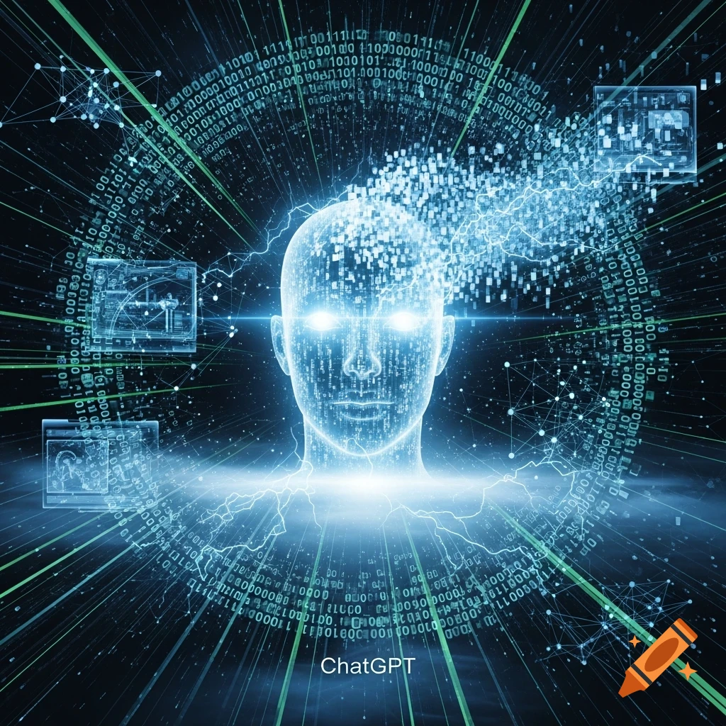A glowing, ethereal human head, composed of light and digital code, emerges from a vortex of binary data and light beams against a dark background, with the text 'ChatGPT' at the bottom. Abstract, digital art.