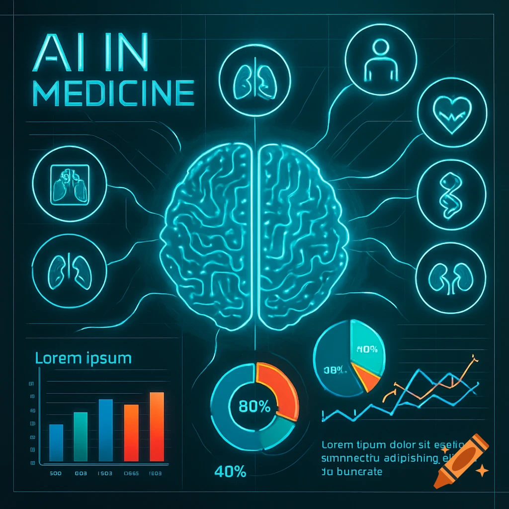 Digital infographic on AI in medicine with a central glowing brain, connected organ icons, bar charts, pie charts, and data graphs.