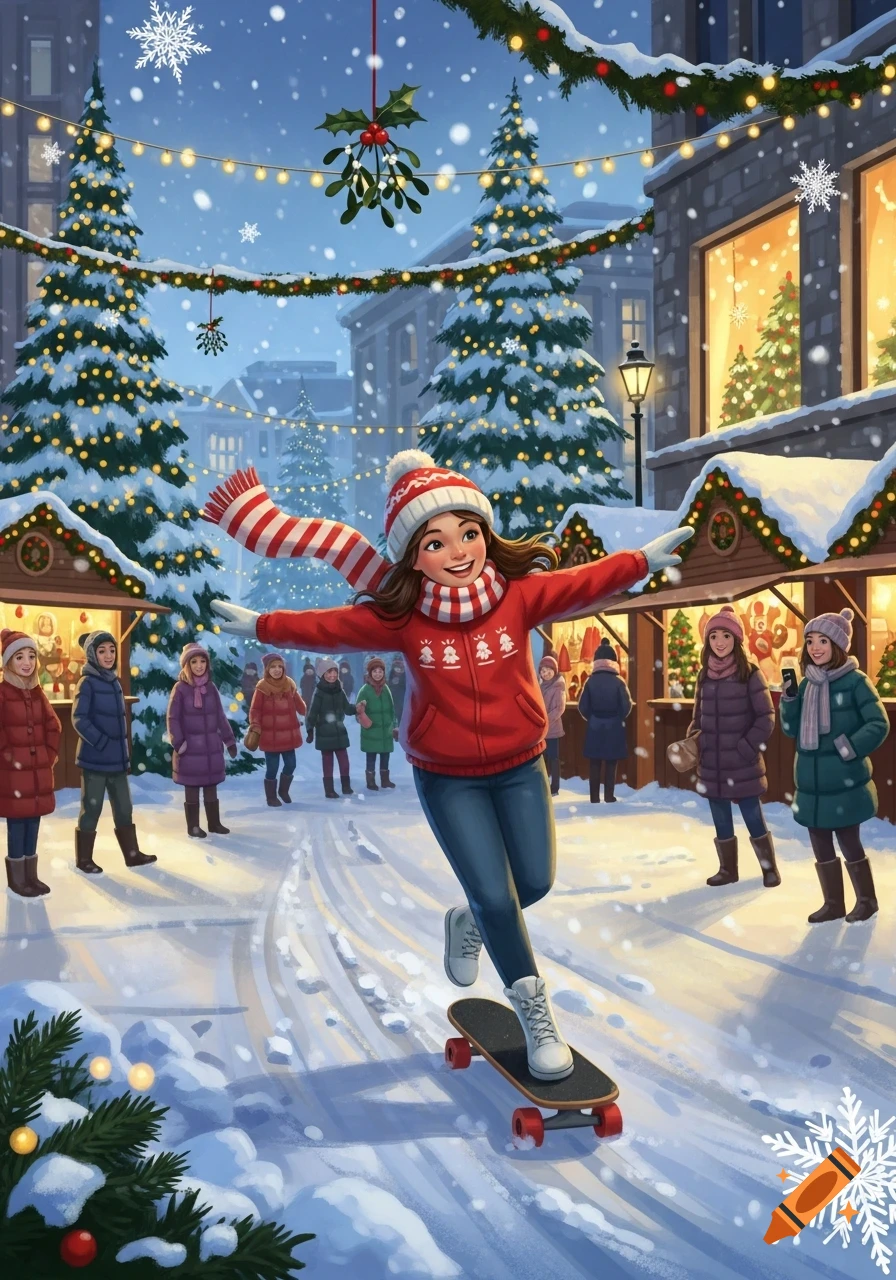 Cheerful girl on a skateboard in a snowy Christmas market, festive illustration.