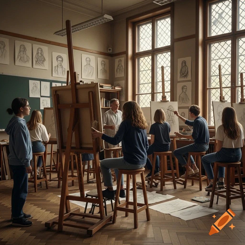 Students and a teacher in a bright art classroom with easels, drawing on canvases, and portraits on the walls.