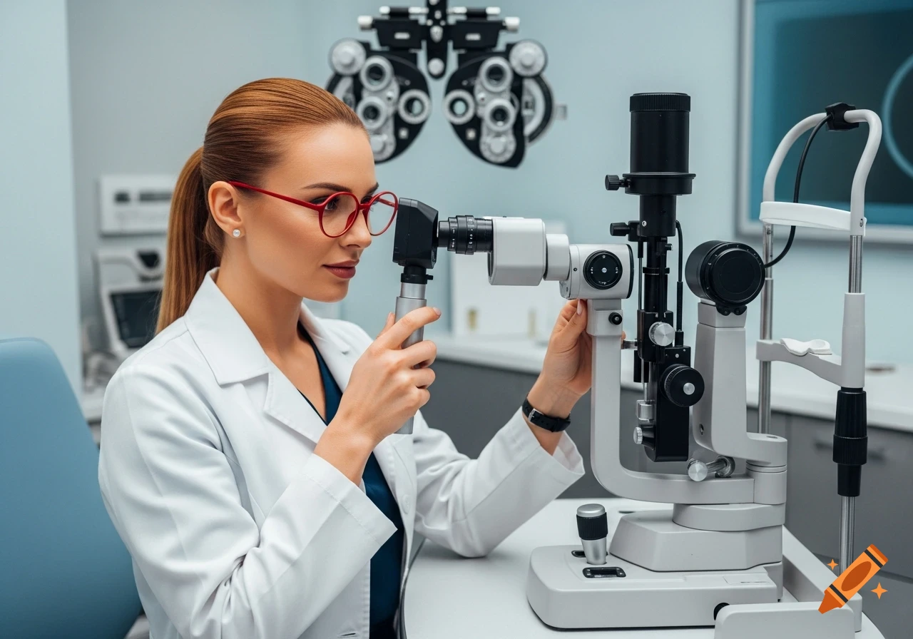 A female ophthalmologist with red glasses and a white lab coat operates an eye examination machine in a clinic.