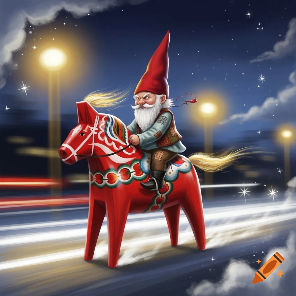 A grumpy gnome with a red hat rides a traditional red Dala horse at night, speeding past blurred city lights.