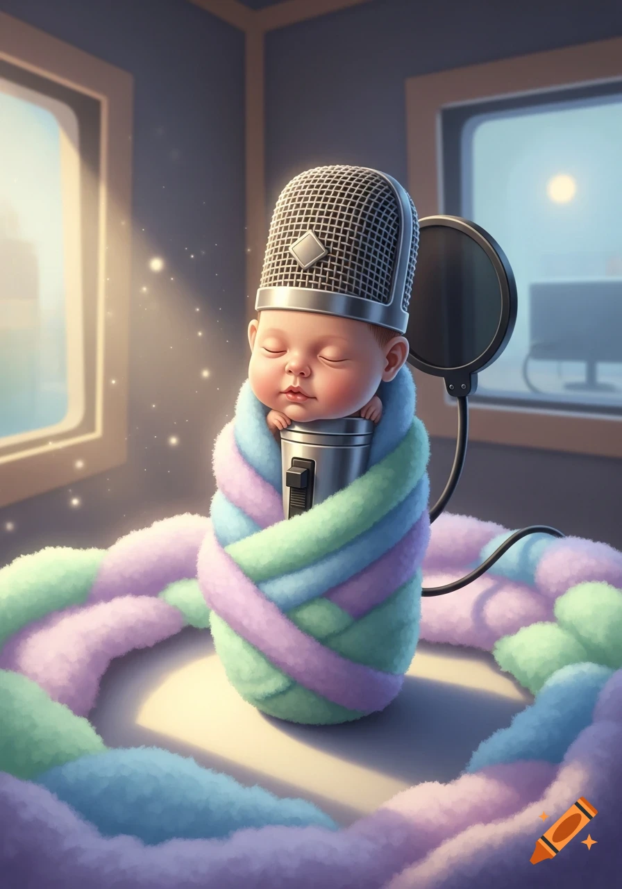 Whimsical illustration of a sleeping baby wrapped in a pastel blanket, wearing a microphone as a hat in a recording studio.
