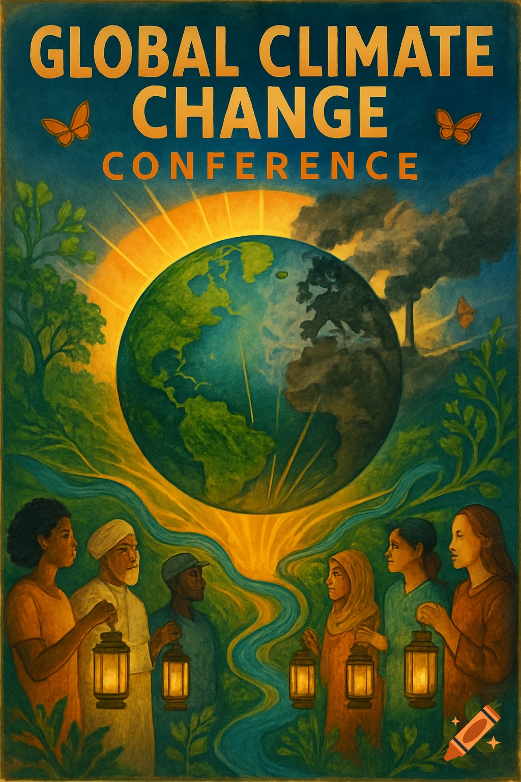 Vintage-style poster for Global Climate Change Conference with a shining Earth, pollution, diverse people holding lanterns, and natural elements.