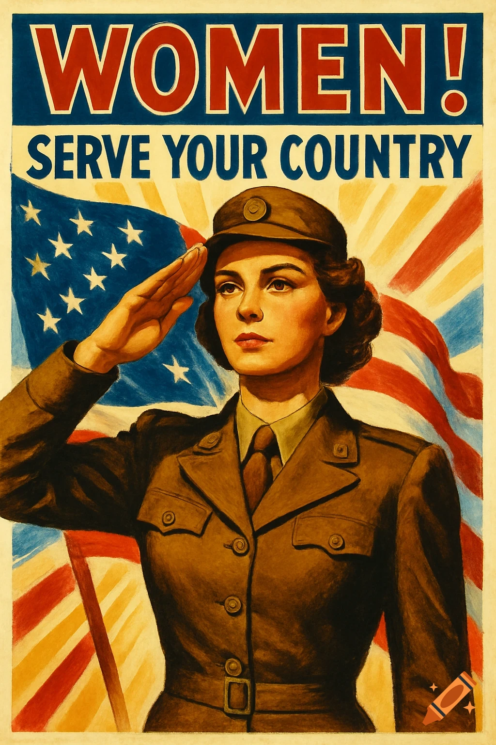 Vintage American propaganda poster with a woman in military uniform saluting, an American flag, and text 'WOMEN! SERVE YOUR COUNTRY'.
