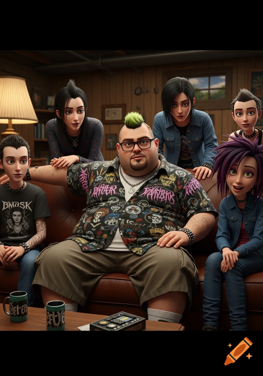 A group of diverse punk/goth friends in a 2000s cartoon style sit on a brown couch in a wood-paneled room.