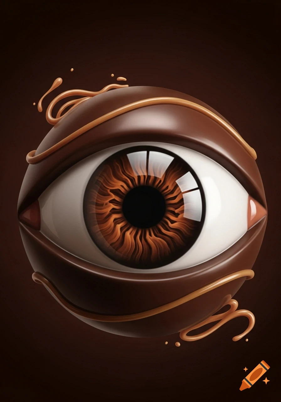 A realistic 3D render of an eye made of dark chocolate, drizzled with caramel sauce against a dark background.