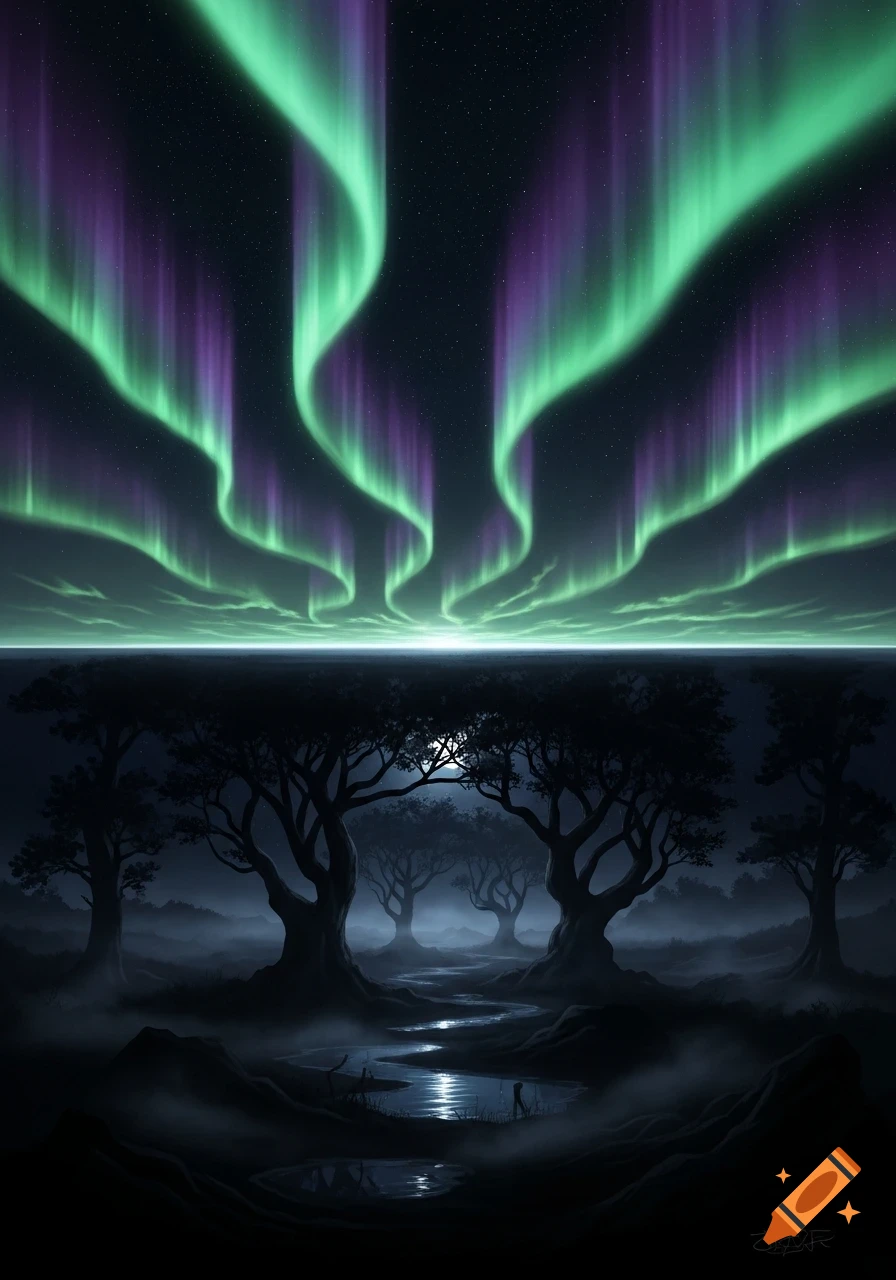 Vibrant green and purple aurora borealis lights up a star-filled night sky over a dark, misty forest with a winding moonlit river.