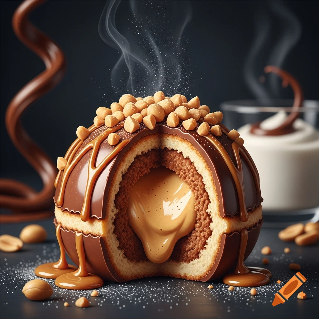 A cut-open chocolate dessert ball with a gooey peanut butter center, topped with peanuts and caramel drizzle, emitting steam.