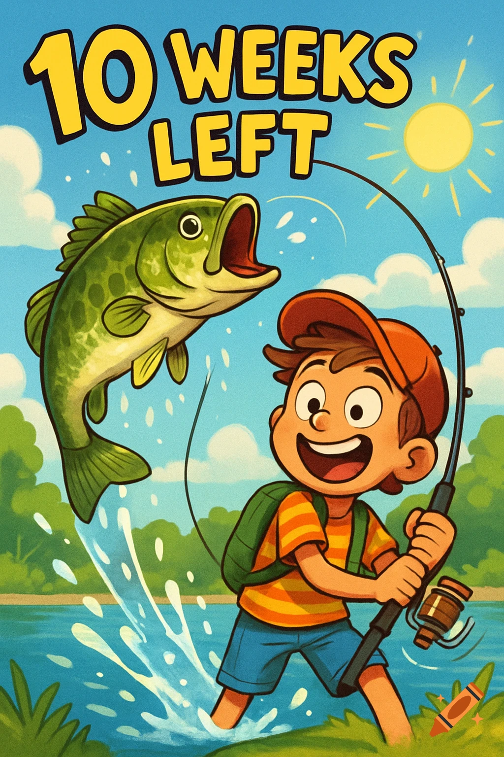 A cartoon boy with an orange hat and striped shirt enthusiastically fishes, catching a large bass jumping from the water, with "10 WEEKS LEFT" text.