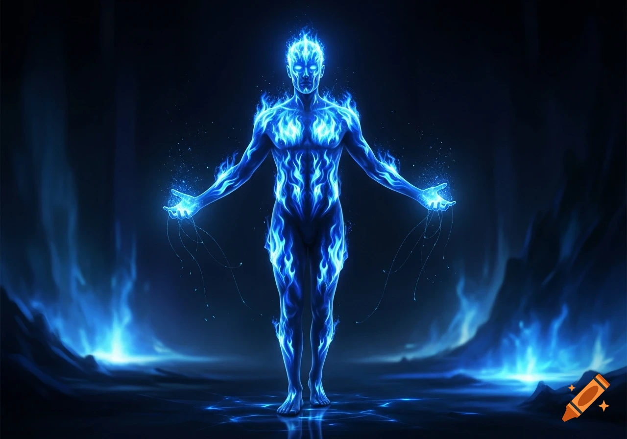 A mystical man composed of glowing blue energy and flames, standing in a dark, ethereal environment.