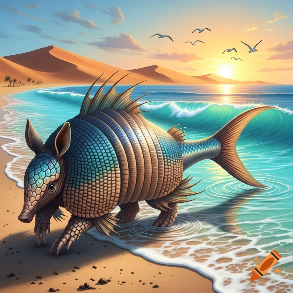 A vibrant armadillo-fish hybrid walks in the shallow water of a sandy beach at sunset, with ocean waves and desert dunes.