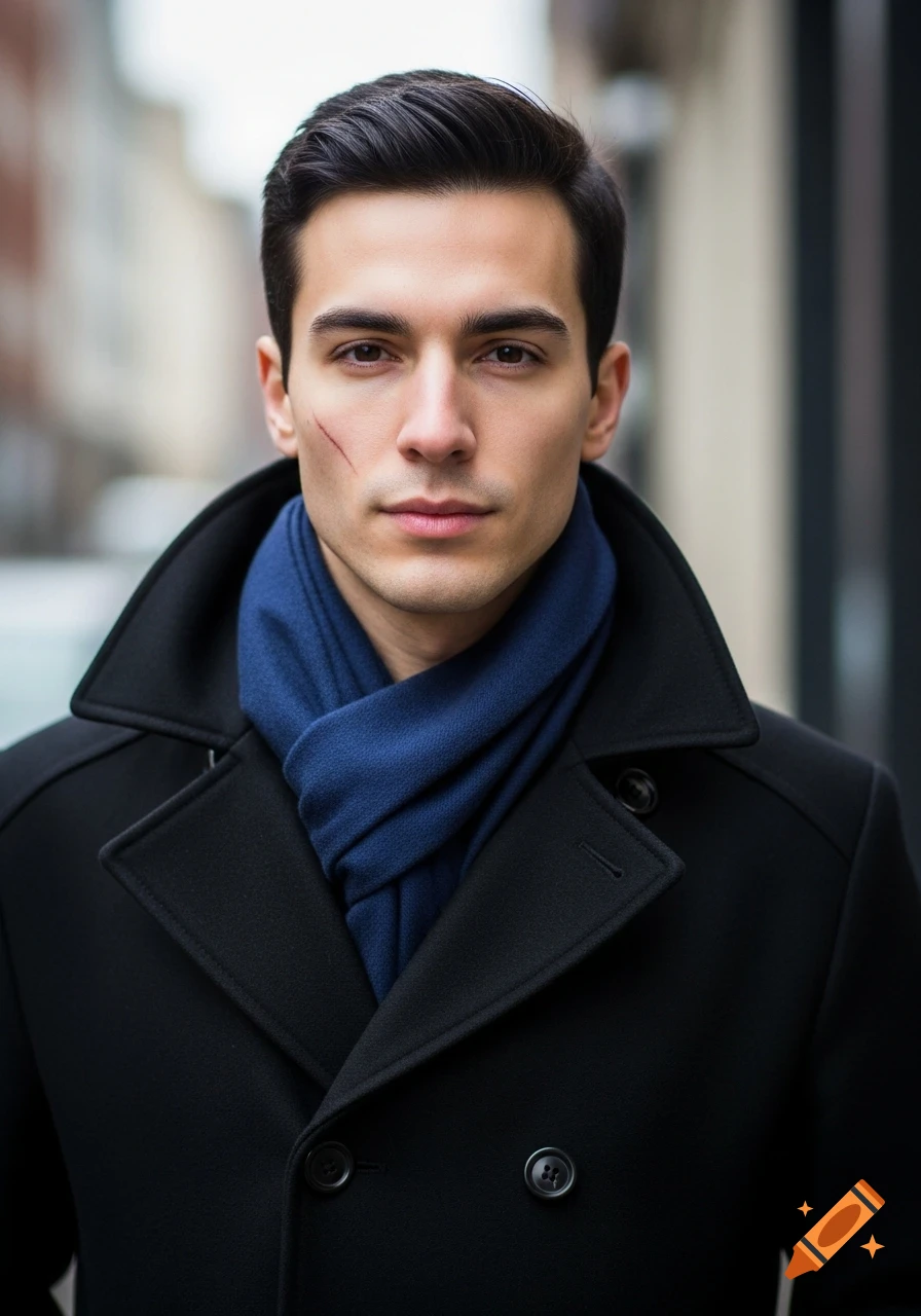 Photorealistic portrait of a young man with black hair, a scar on his left cheek, wearing a black peacoat and an indigo scarf.