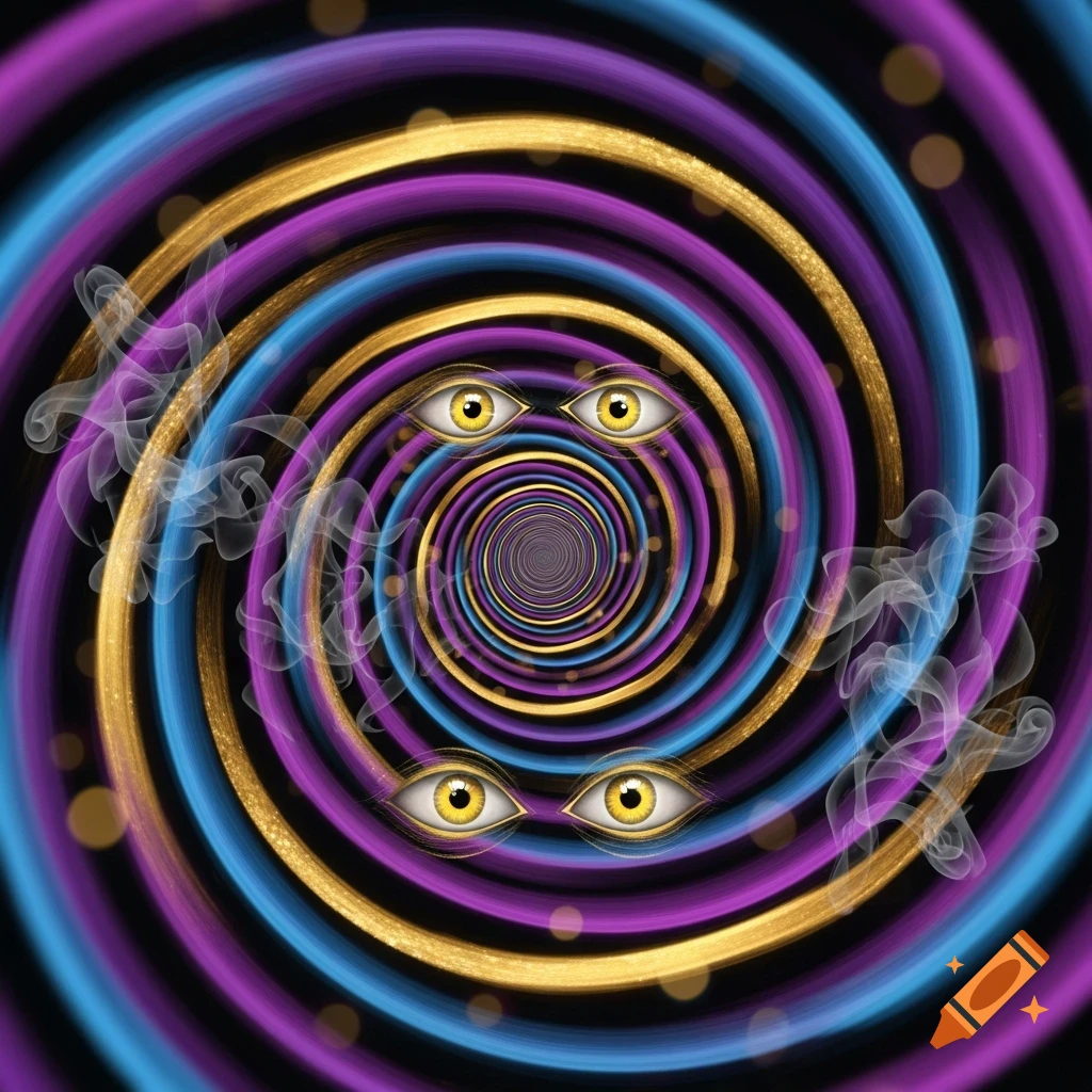 A vibrant, psychedelic image of a swirling purple, blue, and gold vortex with multiple yellow eyes and wisps of smoke.