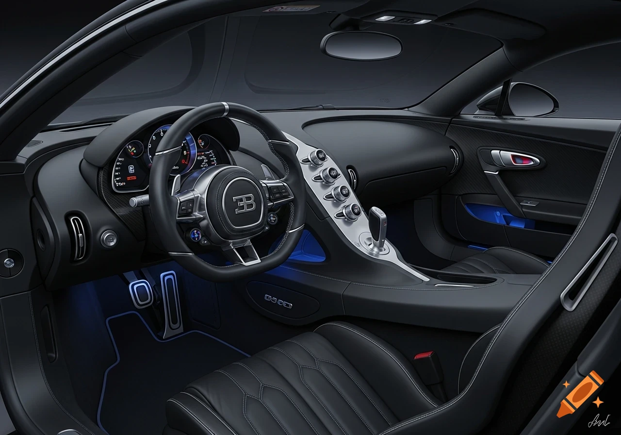 Photorealistic interior of a black Bugatti car, featuring the steering wheel, dashboard, gear shifter, and blue accent lighting.