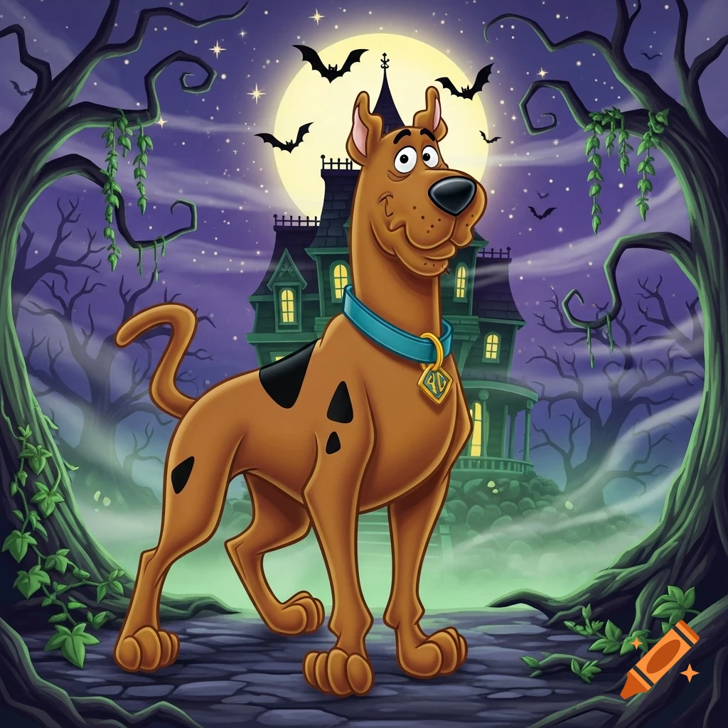 Cartoon Scooby Doo stands in front of a haunted mansion with bats flying under a full moon.