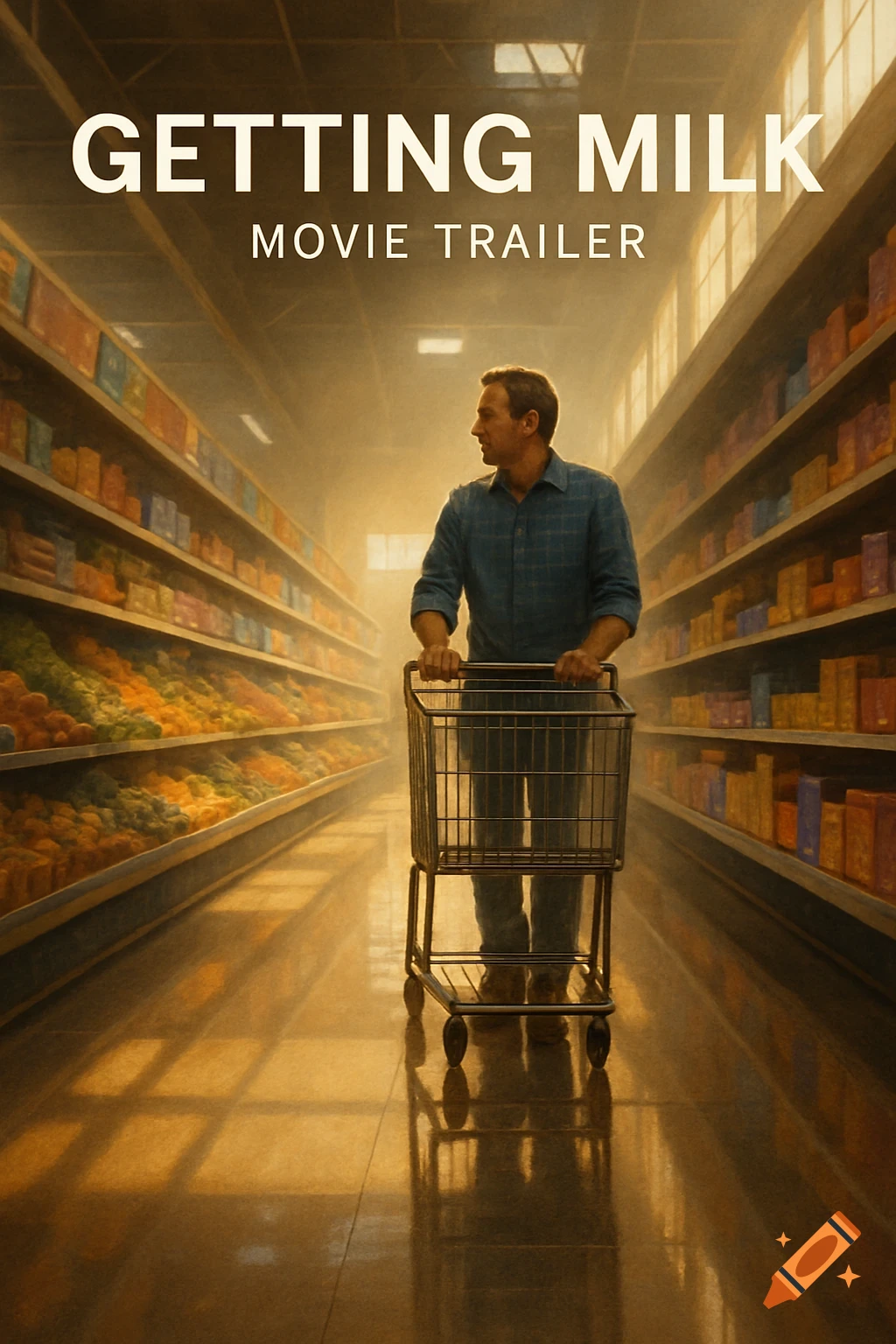 A man pushing a shopping cart down a golden-lit grocery store aisle, with 'GETTING MILK MOVIE TRAILER' text.