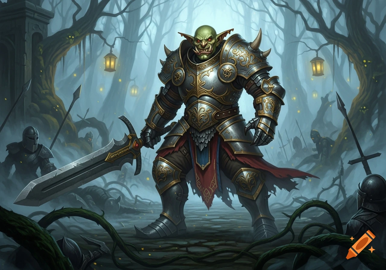 A formidable green-skinned goblin in ornate full plate armor wields a greatsword amidst a misty, ancient forest with fallen warriors.