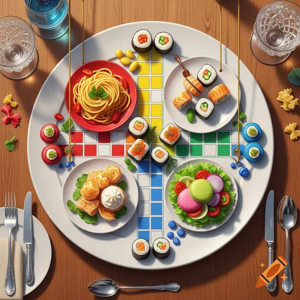 Various food items like spaghetti, sushi, salad, and fruit arranged on a colorful Ludo board game on a wooden table, shot from above.