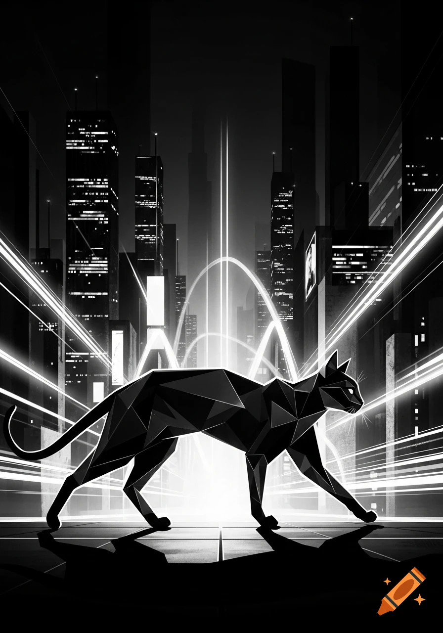 A geometric black cat walks through a futuristic monochromatic city with glowing lines and tall buildings.