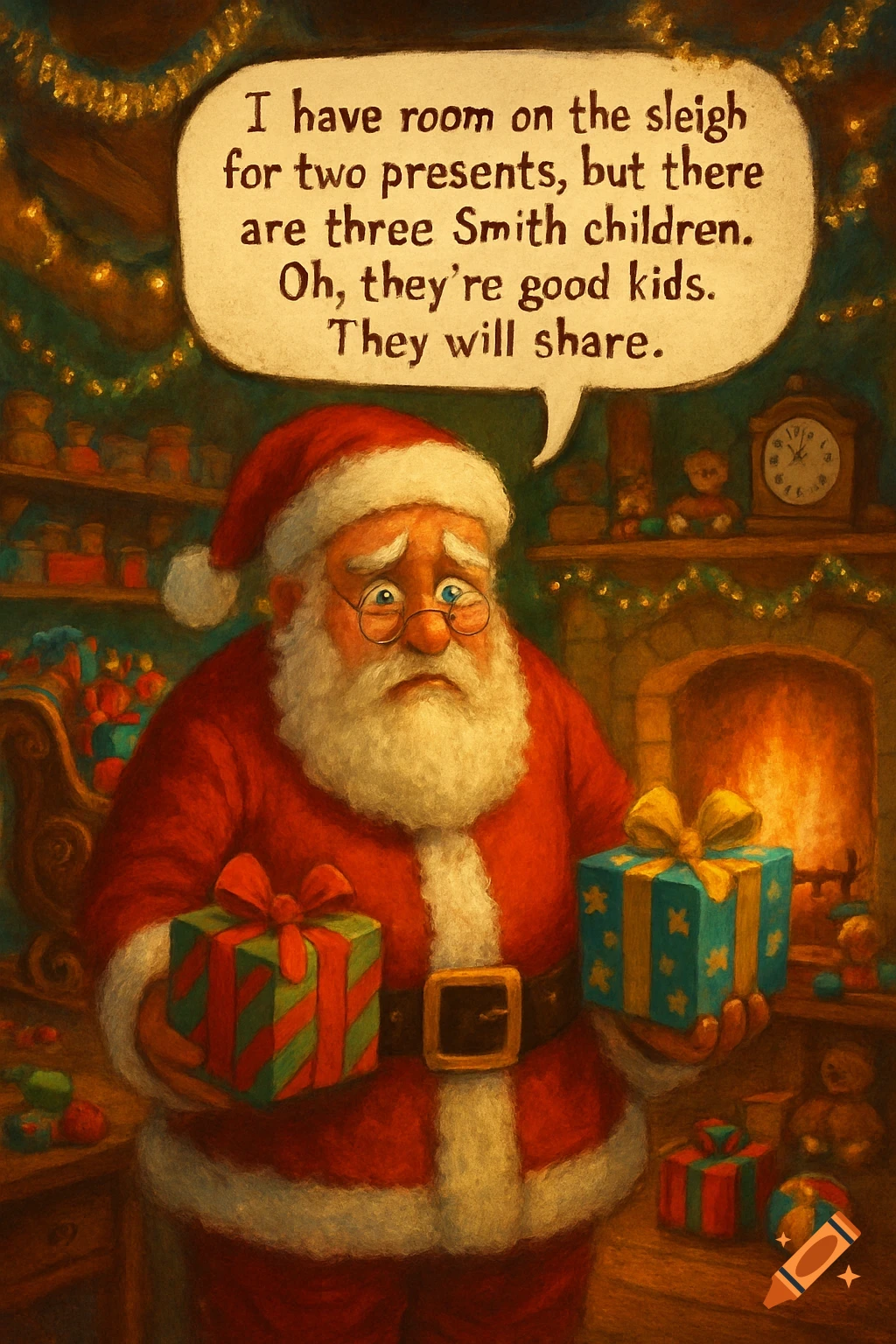 Worried Santa Claus holds two presents in a cozy Christmas workshop, with a speech bubble about three children and two gifts.