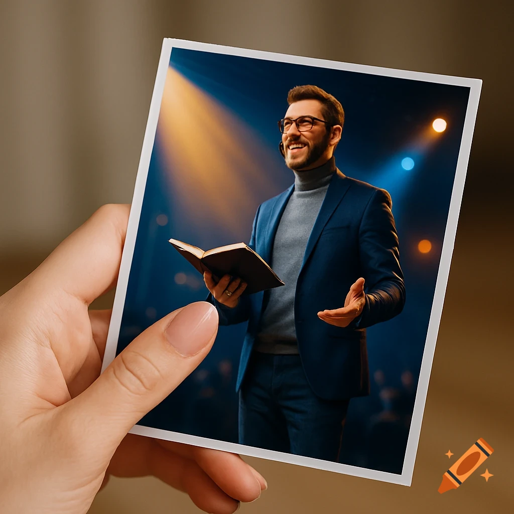 A hand holds a photo of a smiling man in a suit and turtleneck, holding a book and gesturing on a spotlighted stage.