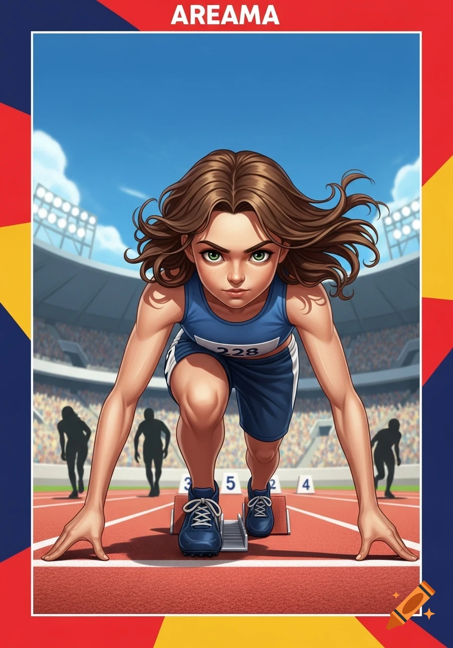 A determined brown-haired female athlete in a blue uniform prepares at the starting blocks on a track in a stadium, illustrated in a vibrant cartoon style.