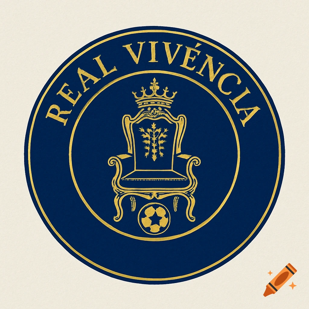 A circular blue and gold logo for Real Vivencia, featuring a crowned throne and a soccer ball.