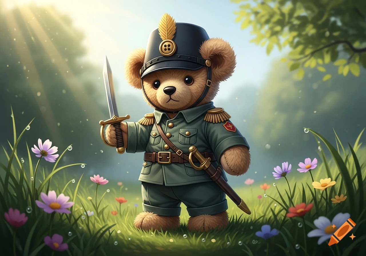 A cute teddy bear soldier in a green uniform and hat, holding a sword, stands in a sunny, grassy field with colorful flowers.